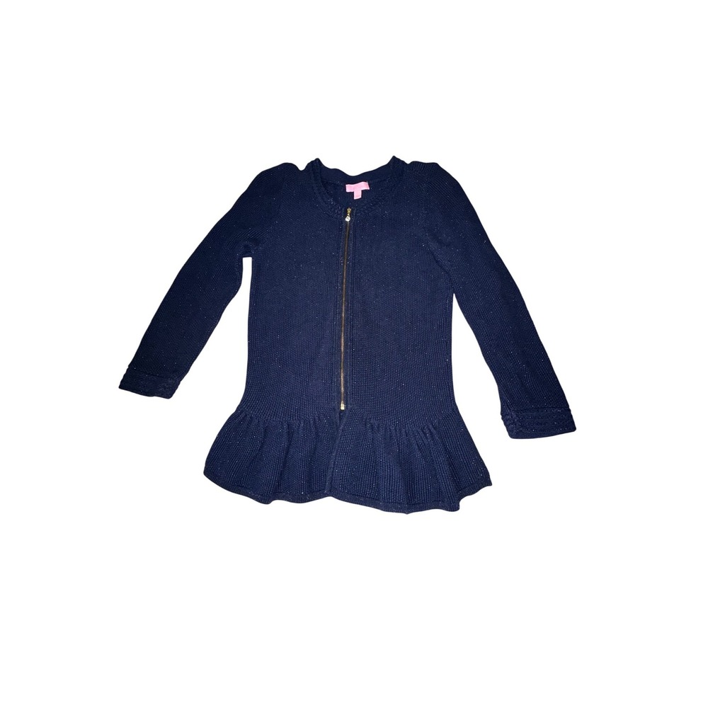 Lilly Pulitzer Karla Navy Metallic Knit Peplum Zip Up Cardigan Sweater Large